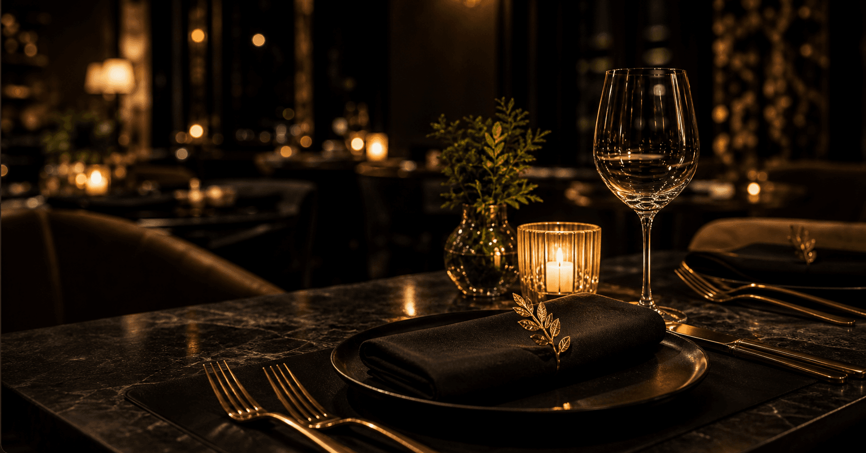 Elegant evening dining table with glassware and warm lighting