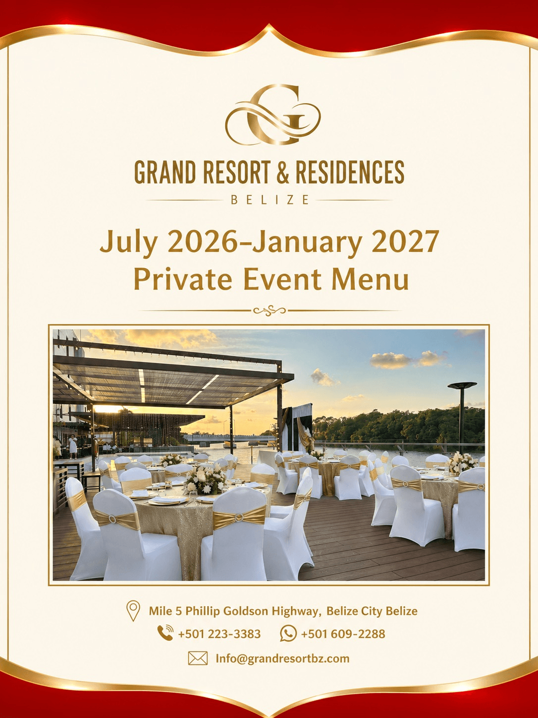Grand Resort & Residences Belize private event menu poster for July 2026 to January 2027